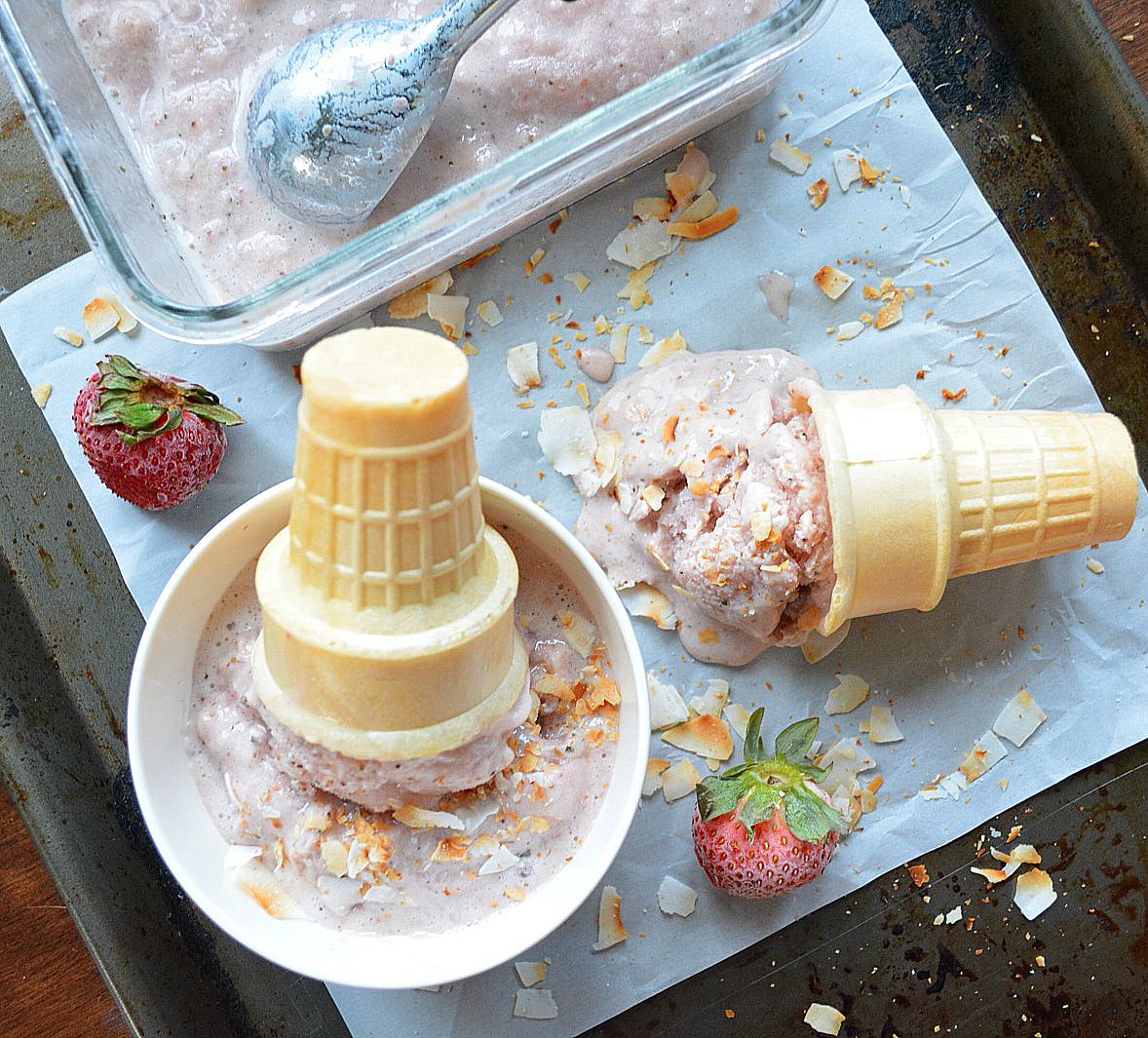 Strawberry Banana Protein Ice Cream with Toasted Coconut